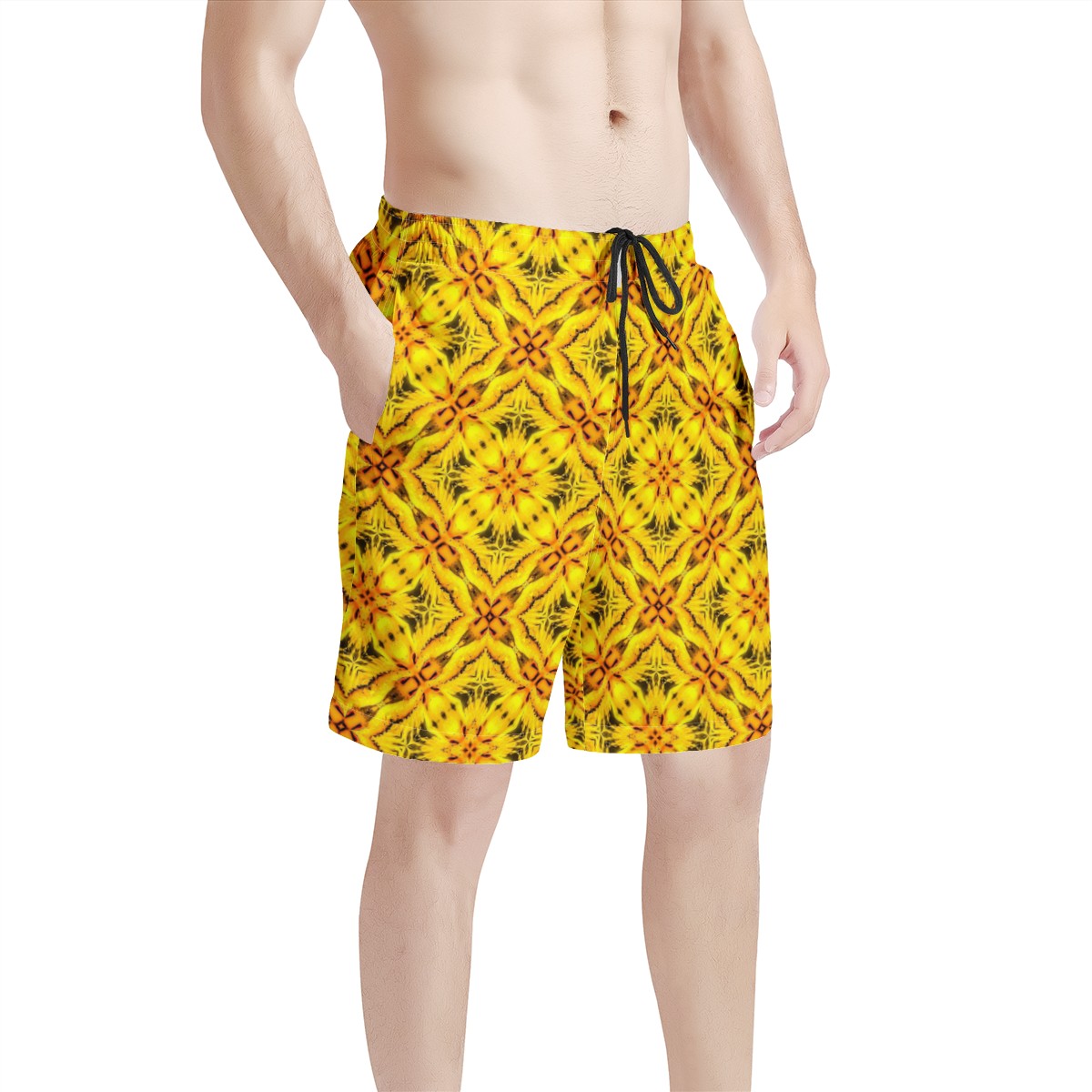 Men's All Over Print Board Shorts - Yellow Toghu: traditional outfit of Northwestern Cameroon - Luxtrini, LLC