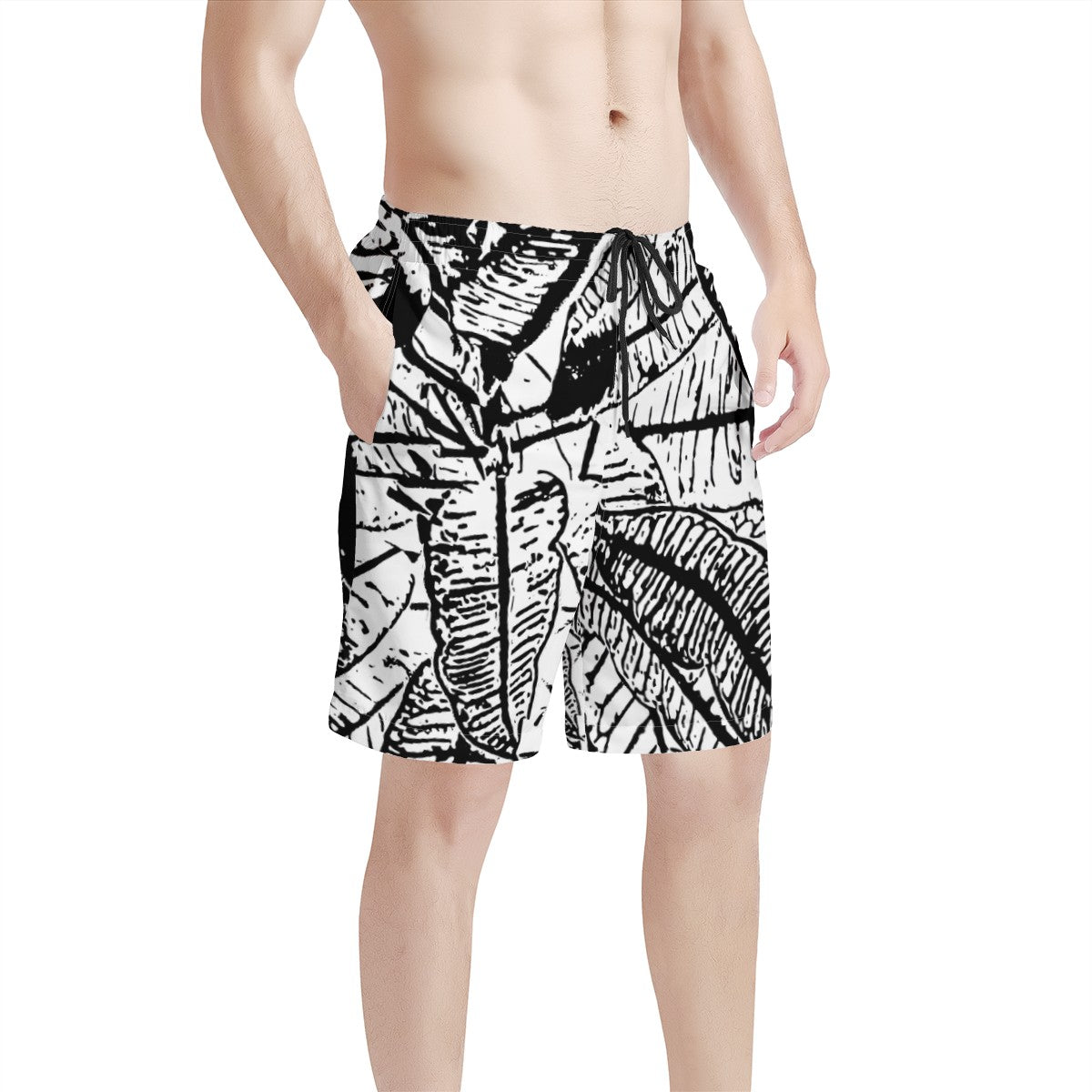 Men's All Over Print Board Shorts - Black and White Croton - Luxtrini, LLC