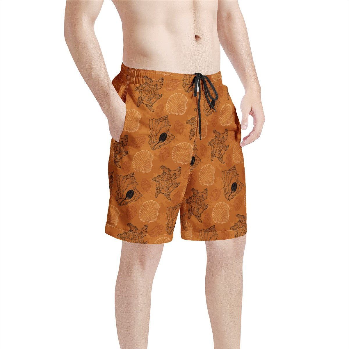 Men's All Over Print Board Shorts - Sea Shell Ocean Design in Orange - Luxtrini, LLC