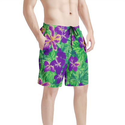 Blue Flag Iris on Green Men's All Over Print Board Shorts - Luxtrini, LLC