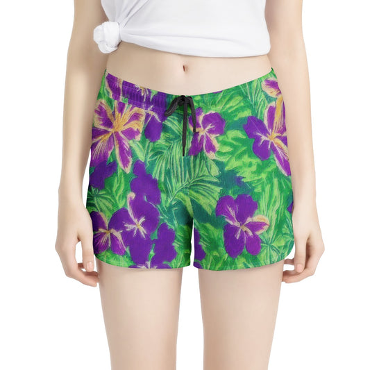 Blue Flag Iris on Green Women's All Over Print Casual Shorts - Luxtrini, LLC