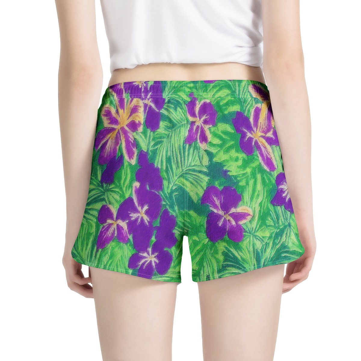 Blue Flag Iris on Green Women's All Over Print Casual Shorts - Luxtrini, LLC