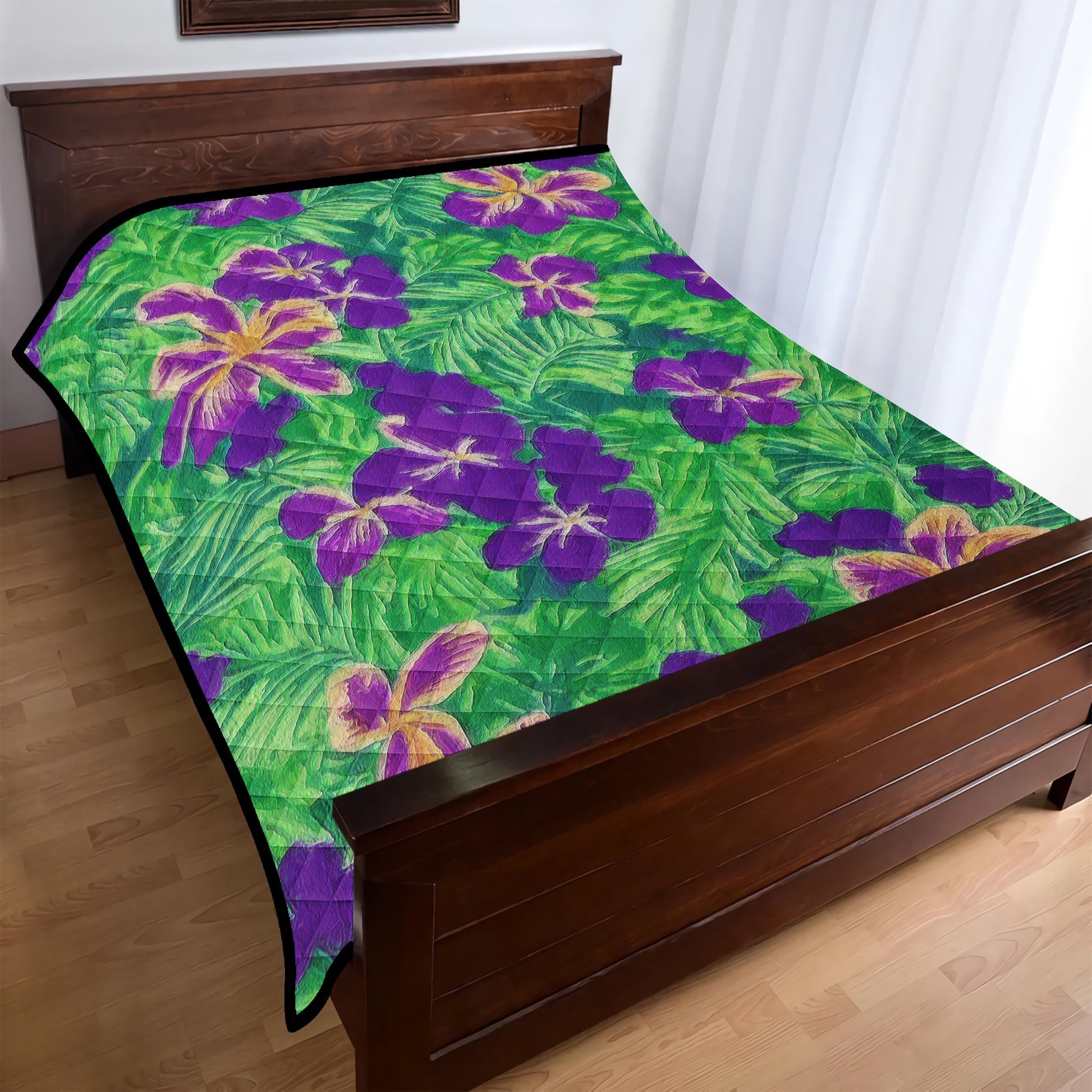 Blue Flag Iris on Green Quilt Bed - Luxtrini, LLC