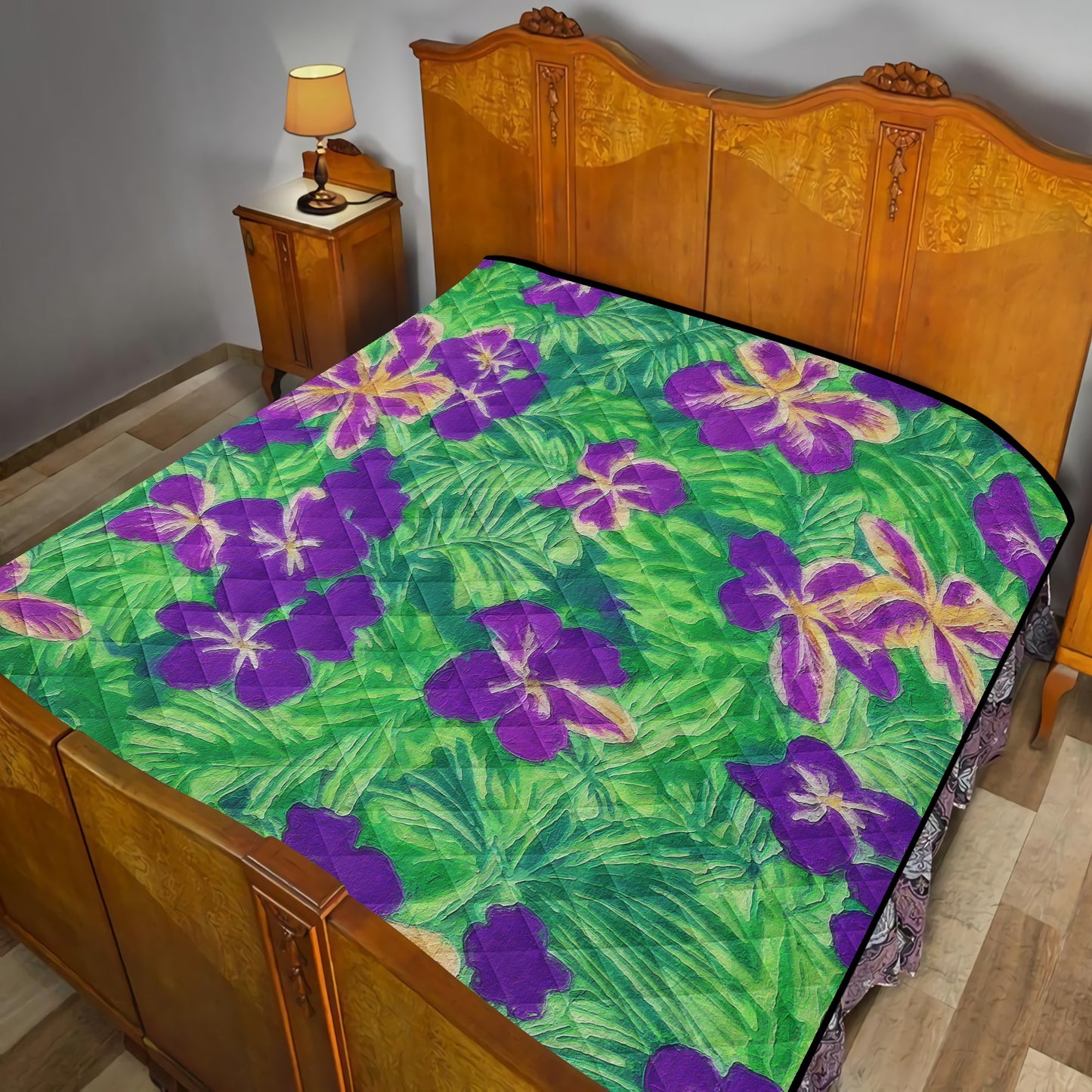 Blue Flag Iris on Green Quilt Bed - Luxtrini, LLC