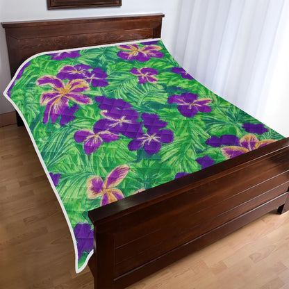 Blue Flag Iris on Green Quilt Bed - Luxtrini, LLC