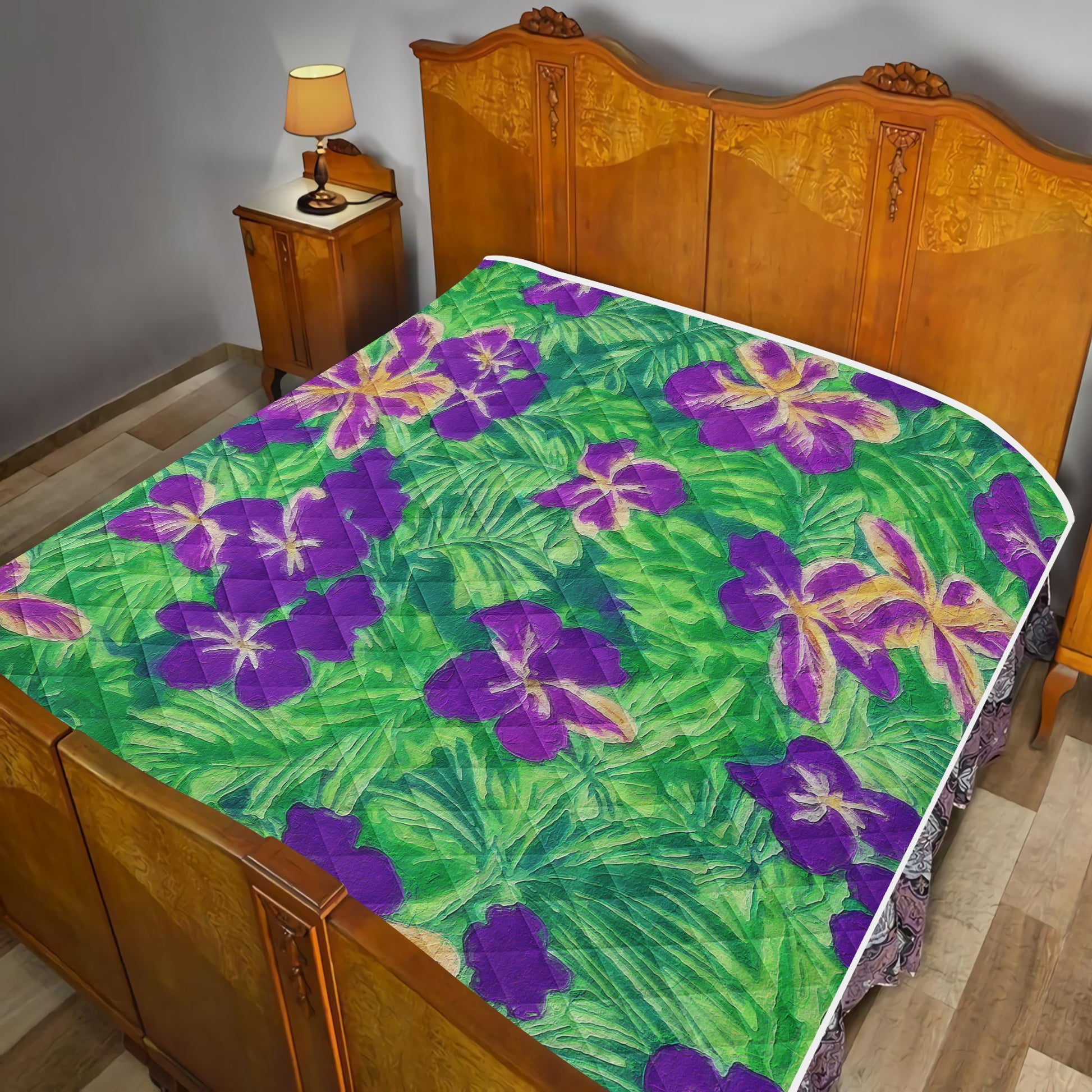 Blue Flag Iris on Green Quilt Bed - Luxtrini, LLC