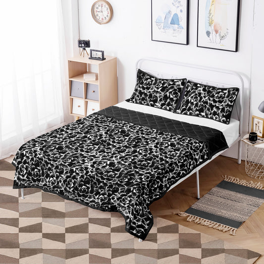 Quilt Bed Set - Dark Black and White Floral Pattern - Luxtrini, LLC