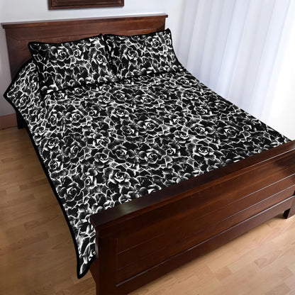 Quilt Bed Set - Dark Black and White Floral Pattern - Luxtrini, LLC