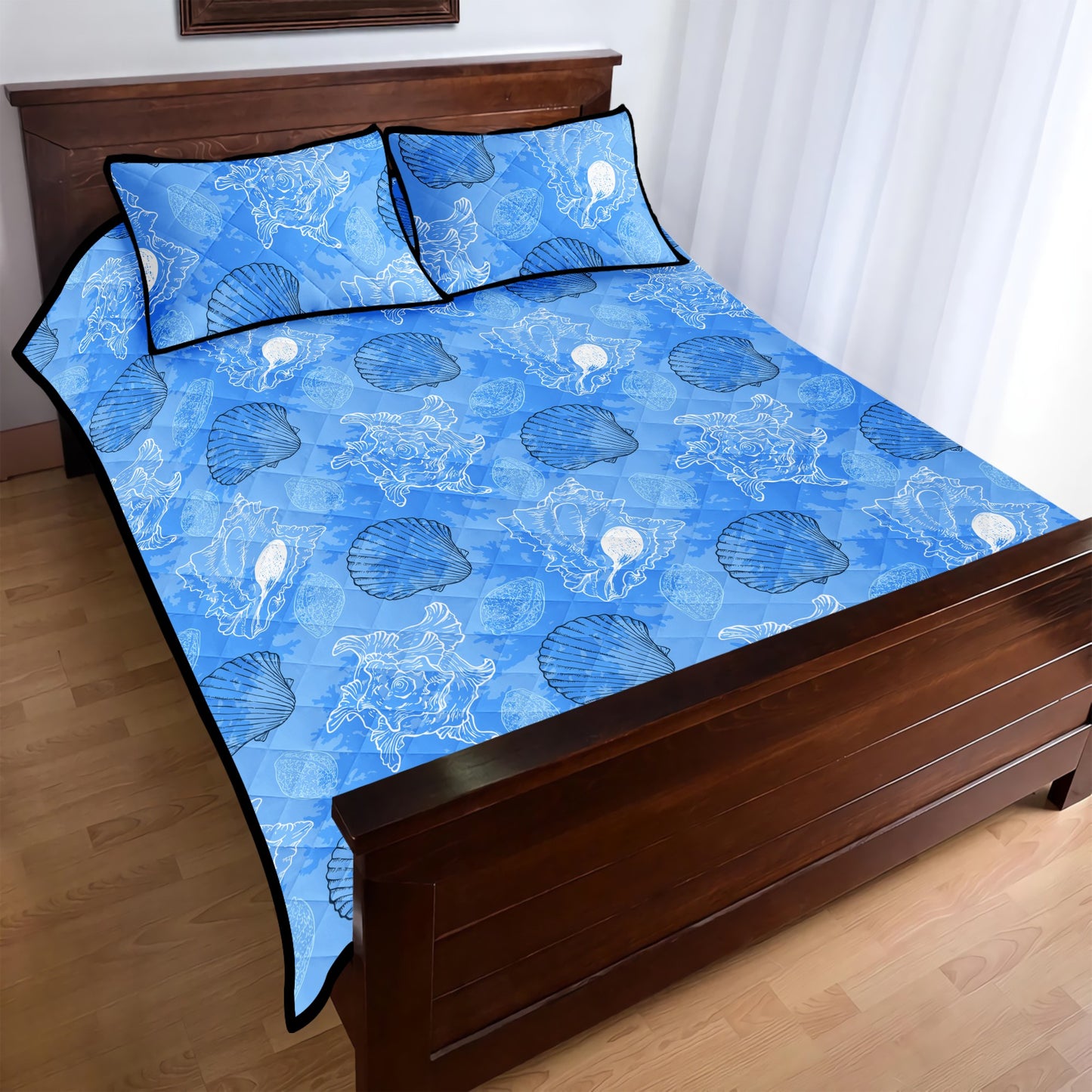 Quilt Bed Set - Blue Seashell Ocean - Luxtrini, LLC