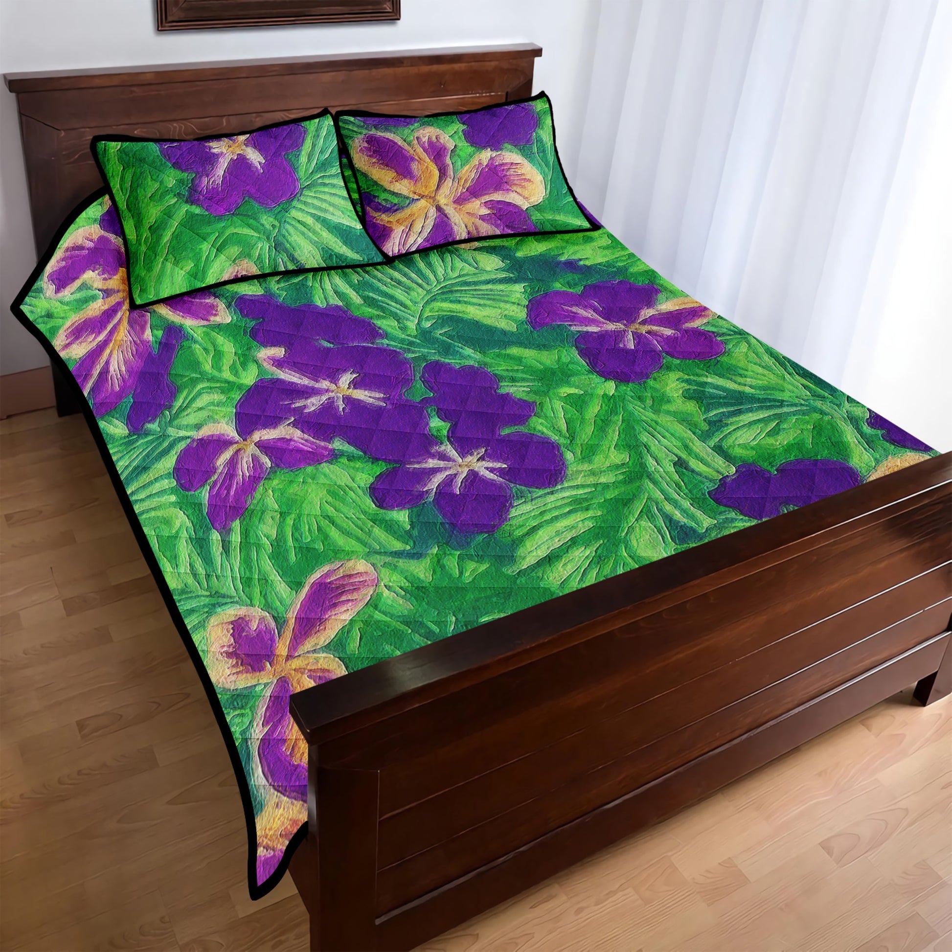 Blue Flag Iris on Green Quilt Bed Set - Luxtrini, LLC