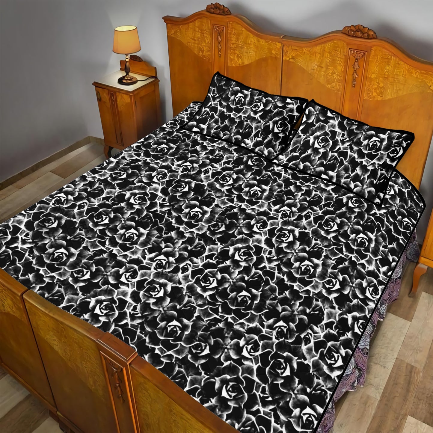 Quilt Bed Set - Dark Black and White Floral Pattern - Luxtrini, LLC