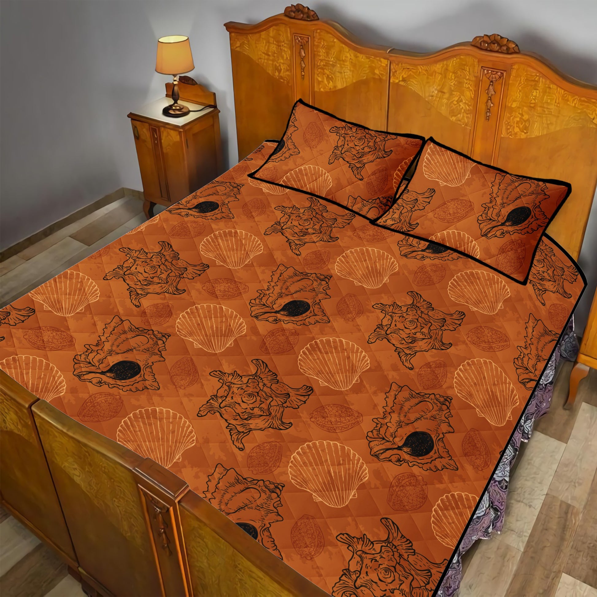 Quilt Bed Set - Sea Shell Ocean Design in Orange - Luxtrini, LLC