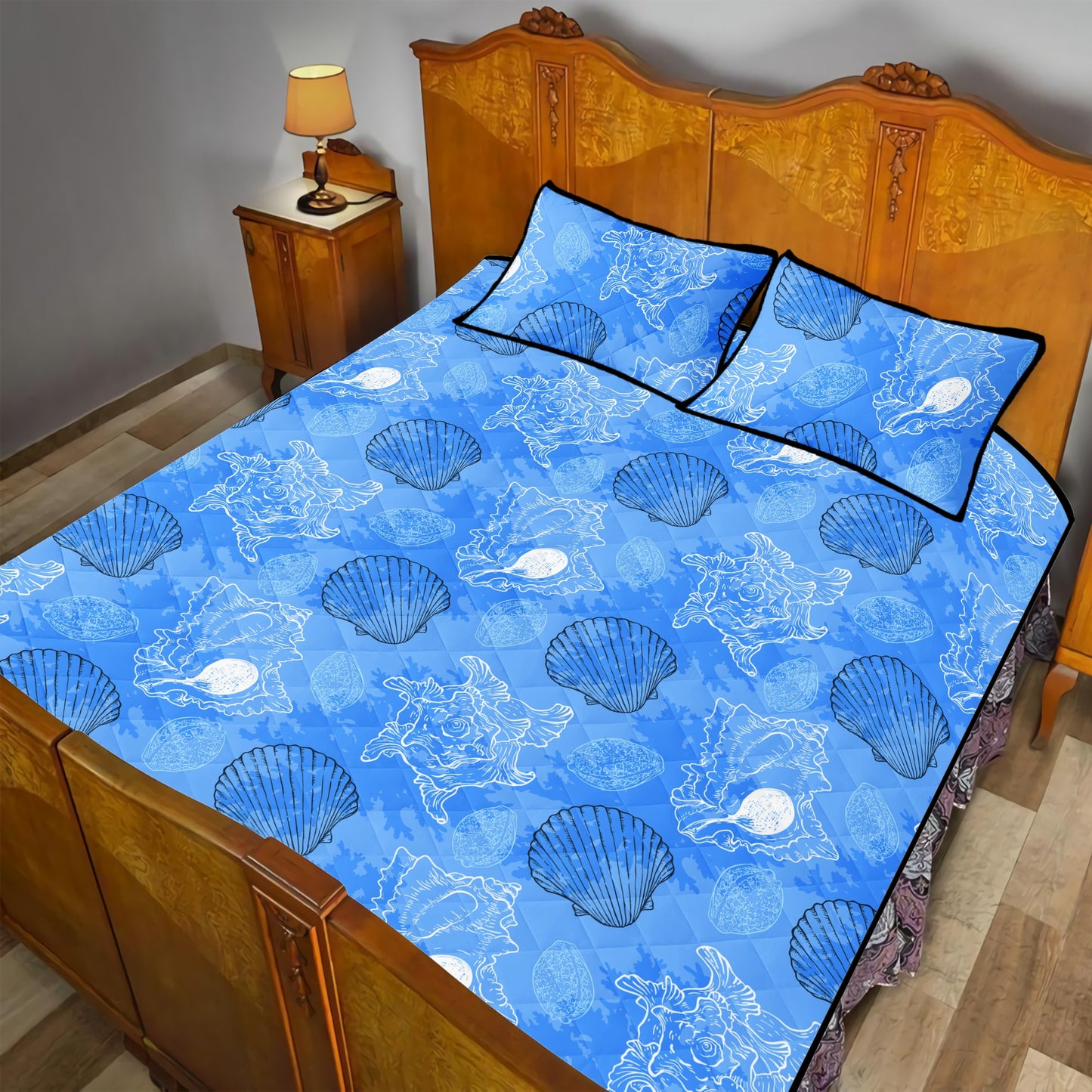 Quilt Bed Set - Blue Seashell Ocean - Luxtrini, LLC