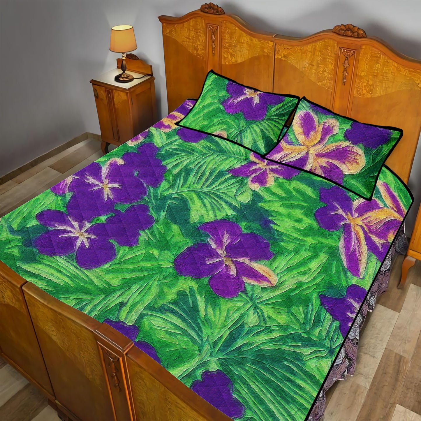 Blue Flag Iris on Green Quilt Bed Set - Luxtrini, LLC