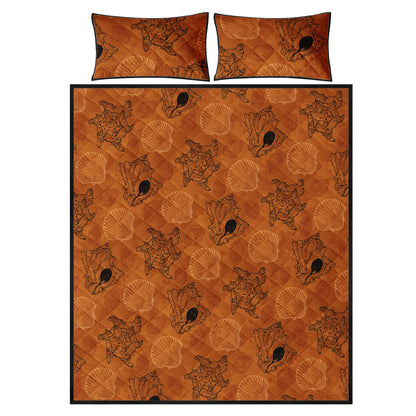 Quilt Bed Set - Sea Shell Ocean Design in Orange - Luxtrini, LLC