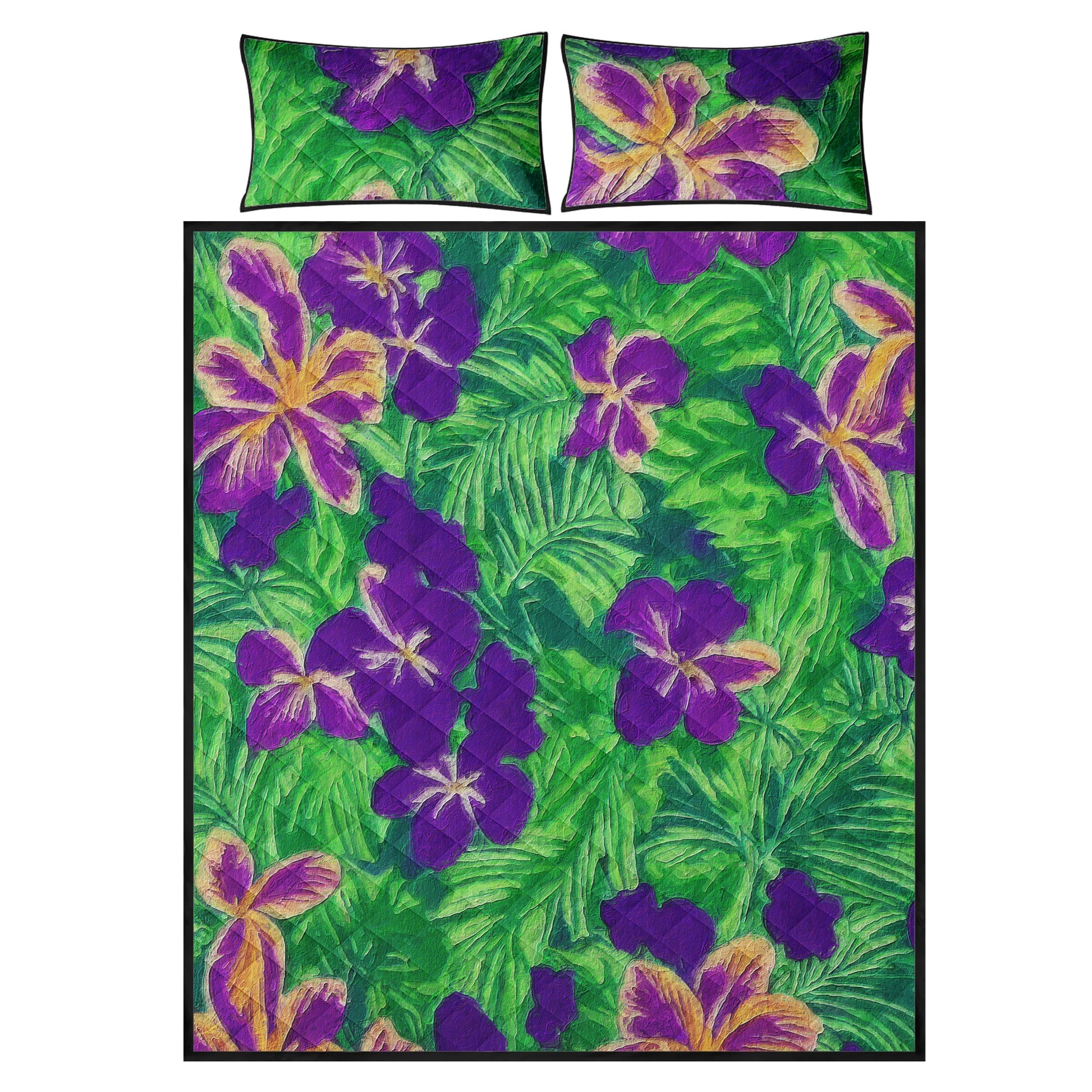 Blue Flag Iris on Green Quilt Bed Set - Luxtrini, LLC