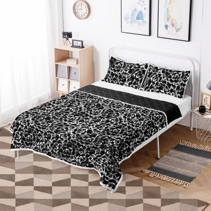 Quilt Bed Set - Dark Black and White Floral Pattern - Luxtrini, LLC