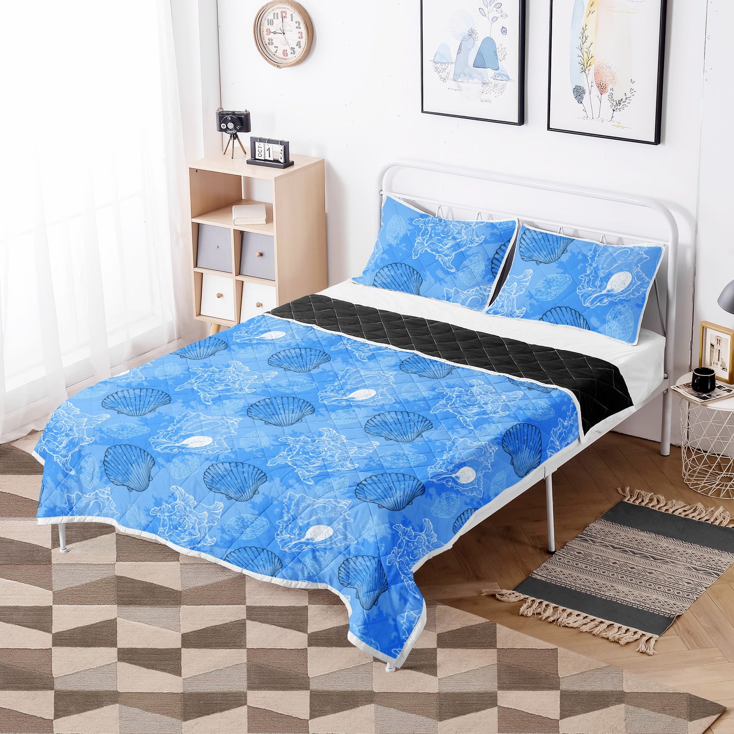 Quilt Bed Set - Blue Seashell Ocean - Luxtrini, LLC