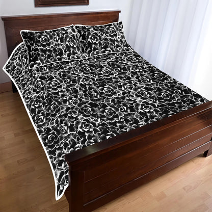 Quilt Bed Set - Dark Black and White Floral Pattern - Luxtrini, LLC