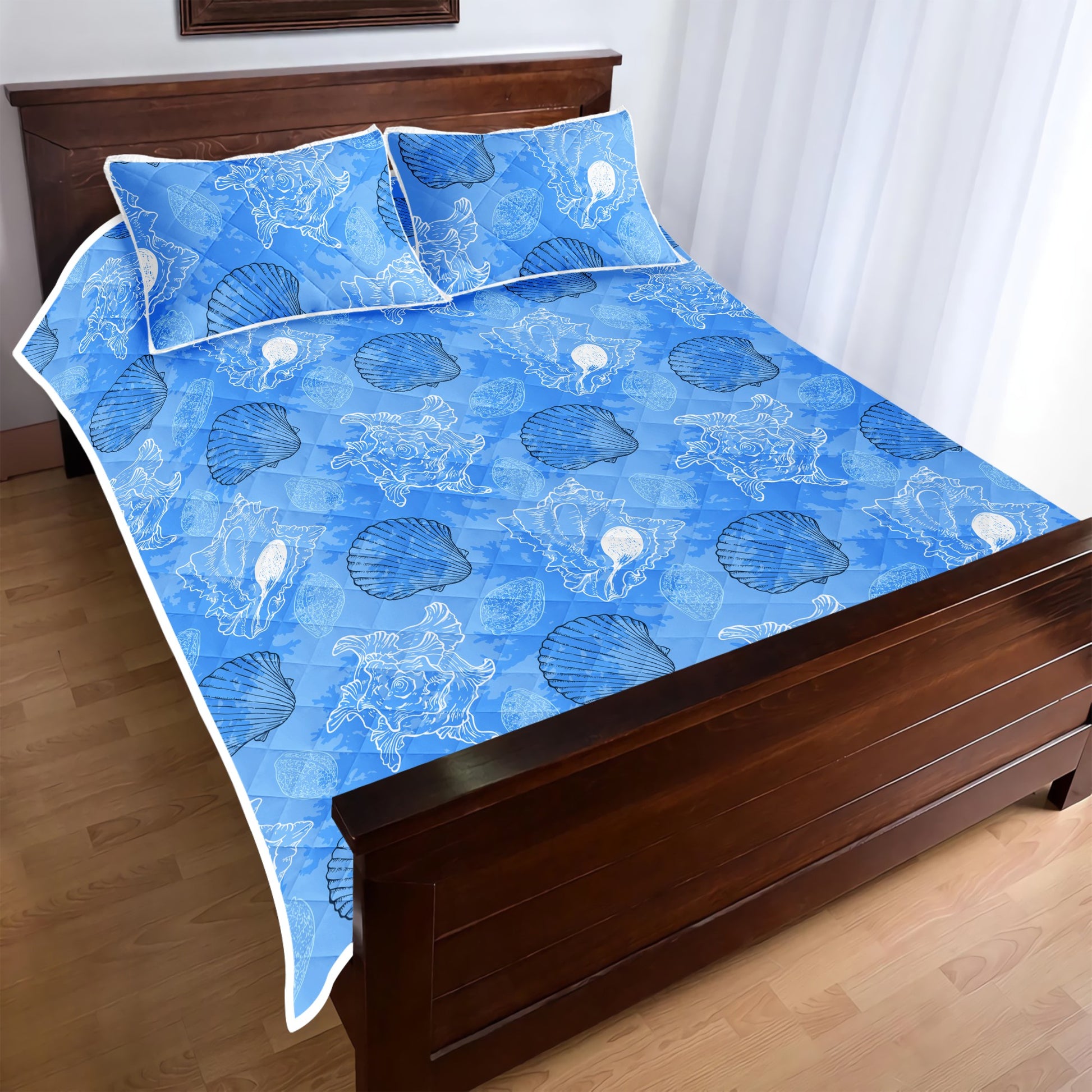 Quilt Bed Set - Blue Seashell Ocean - Luxtrini, LLC