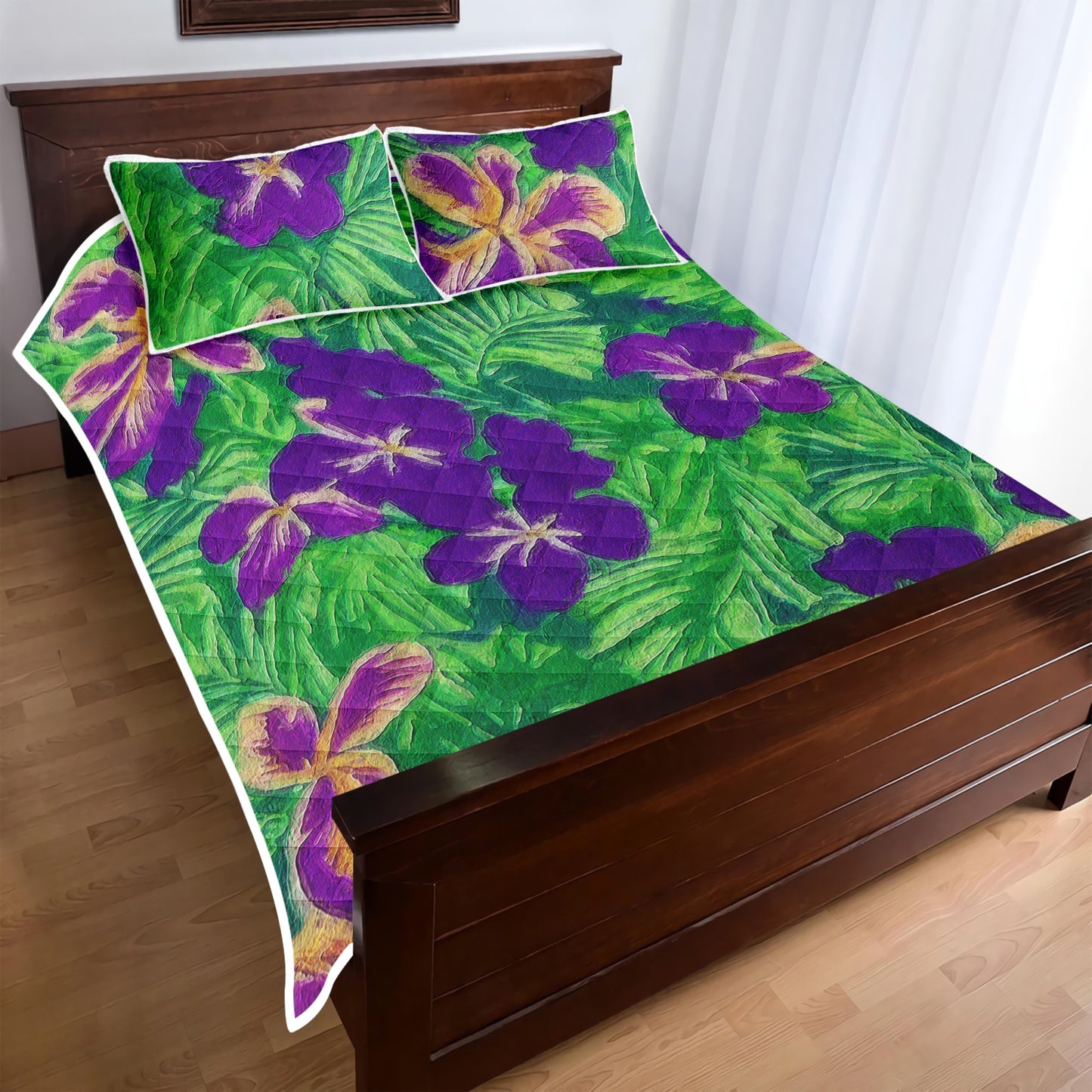 Blue Flag Iris on Green Quilt Bed Set - Luxtrini, LLC