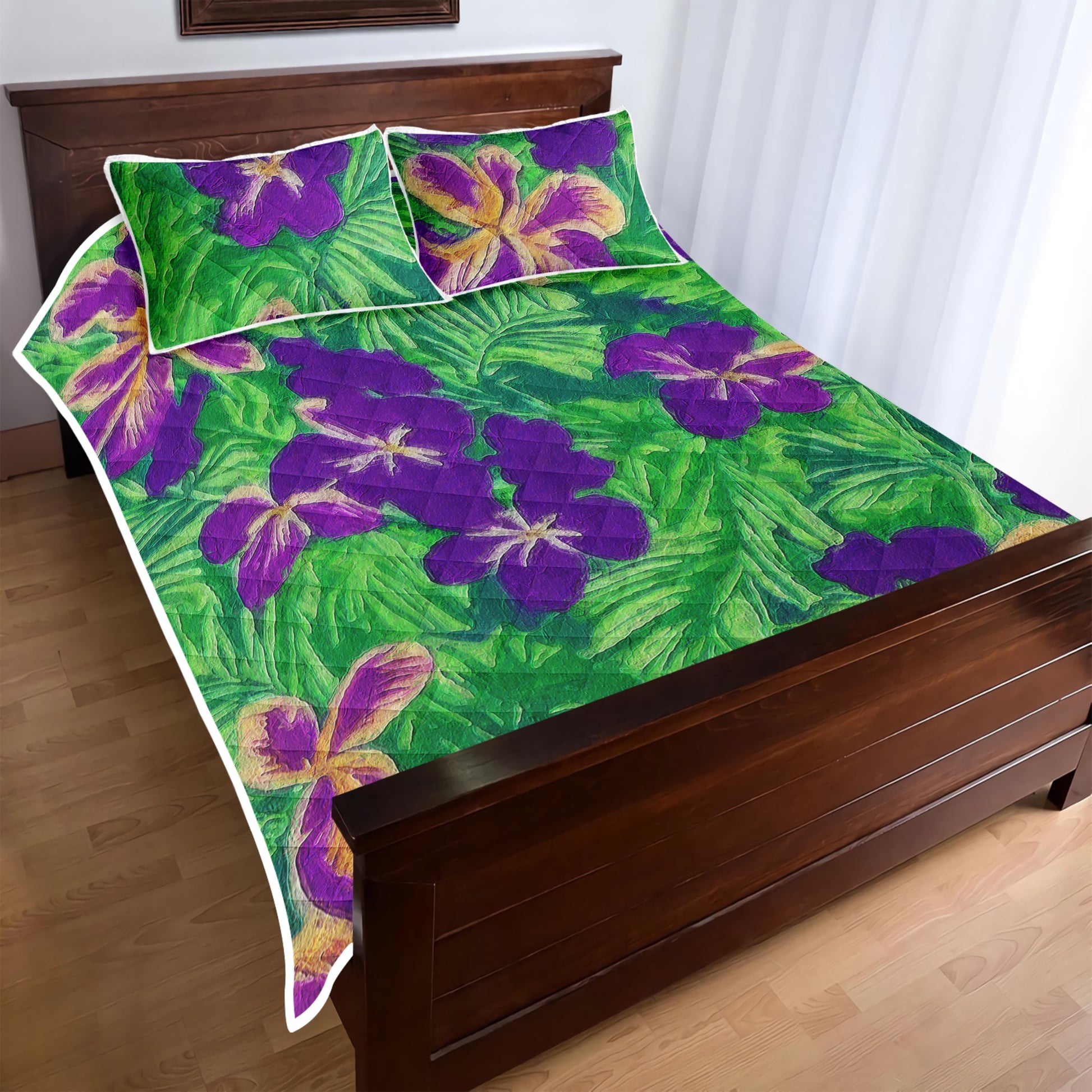 Blue Flag Iris on Green Quilt Bed Set - Luxtrini, LLC