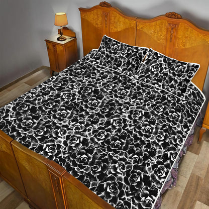 Quilt Bed Set - Dark Black and White Floral Pattern - Luxtrini, LLC