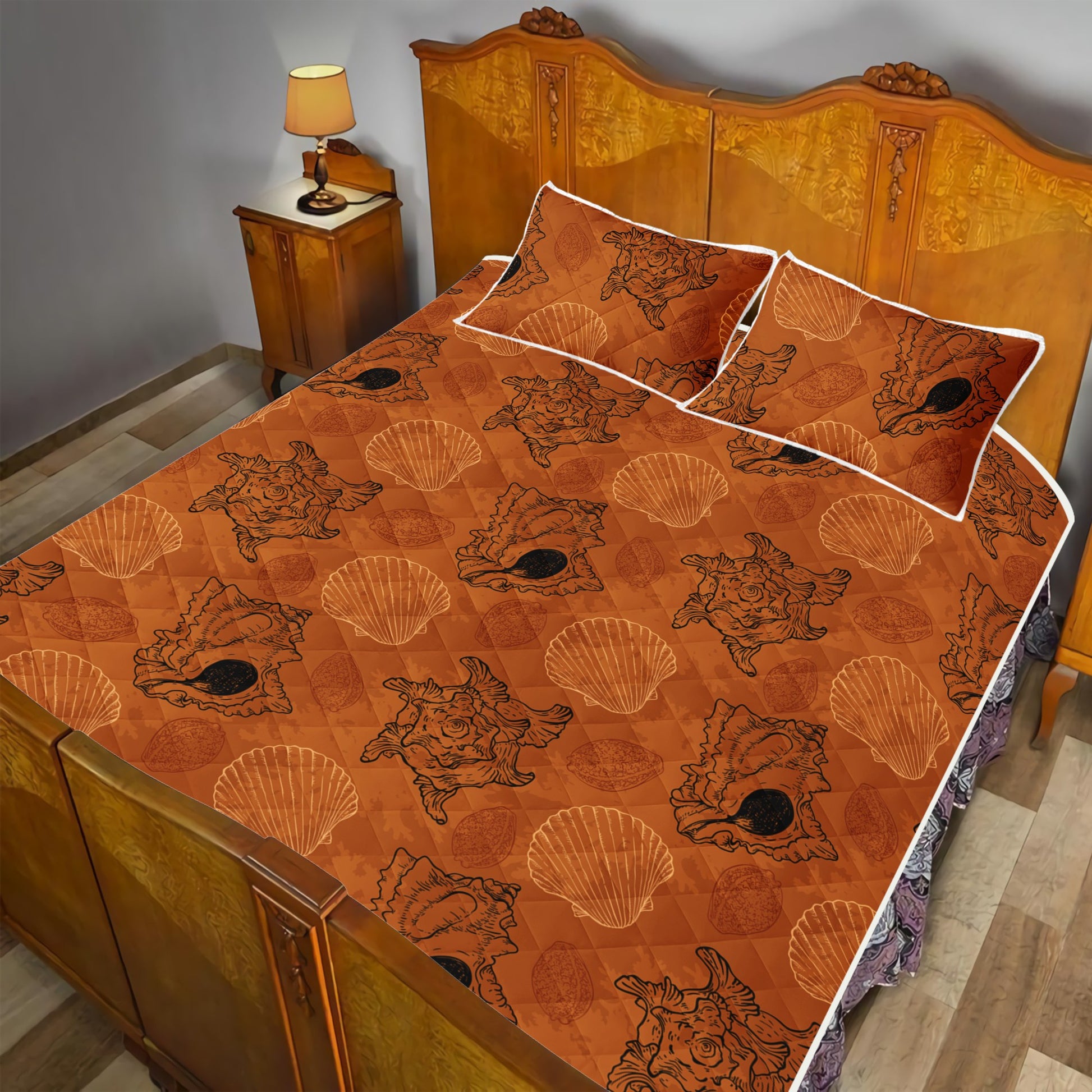 Quilt Bed Set - Sea Shell Ocean Design in Orange - Luxtrini, LLC