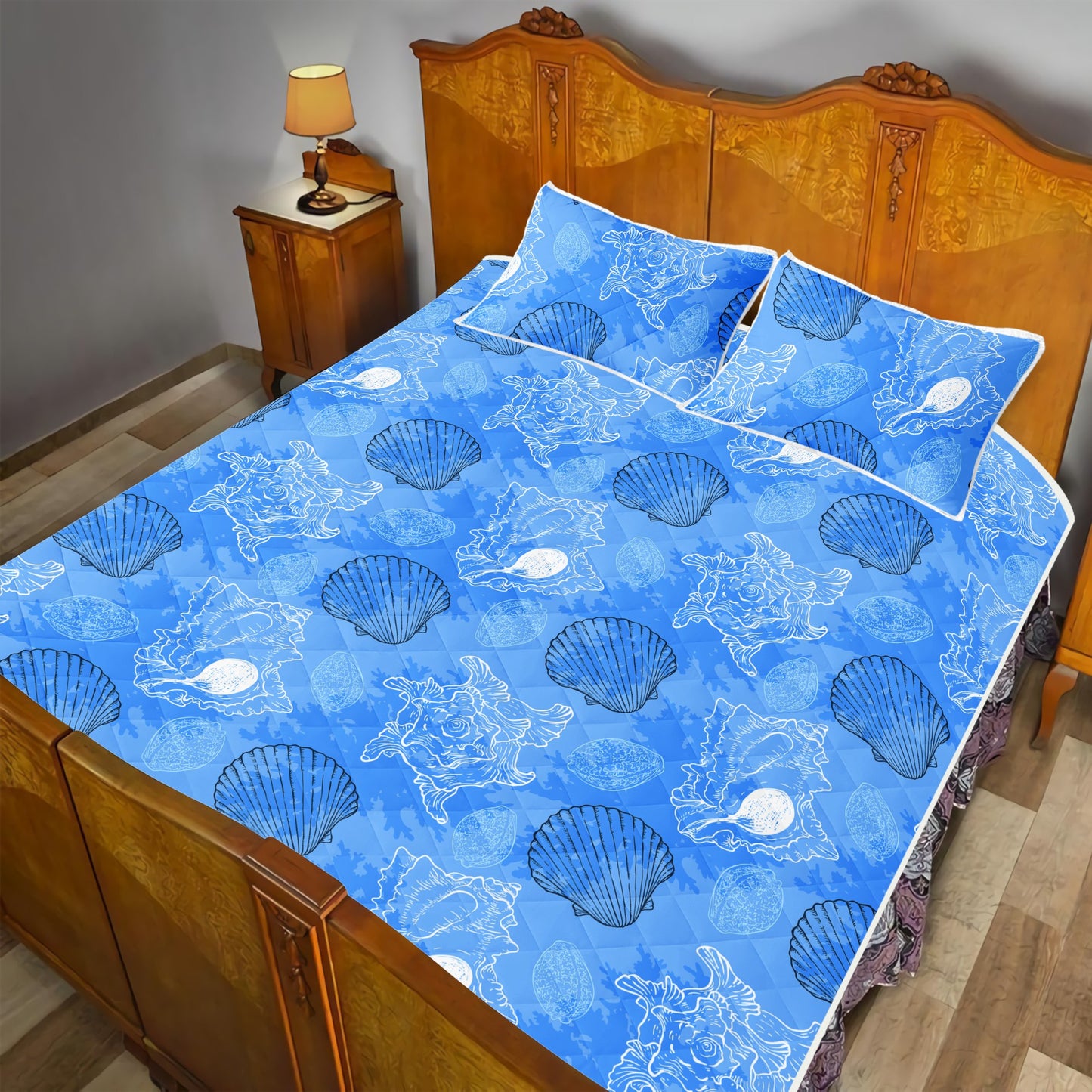 Quilt Bed Set - Blue Seashell Ocean - Luxtrini, LLC