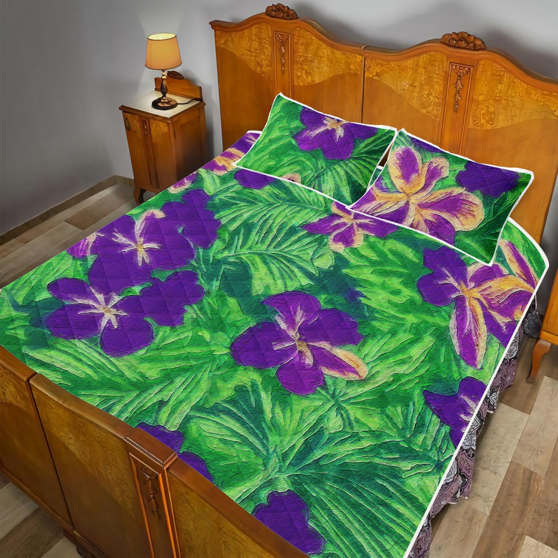 Blue Flag Iris on Green Quilt Bed Set - Luxtrini, LLC