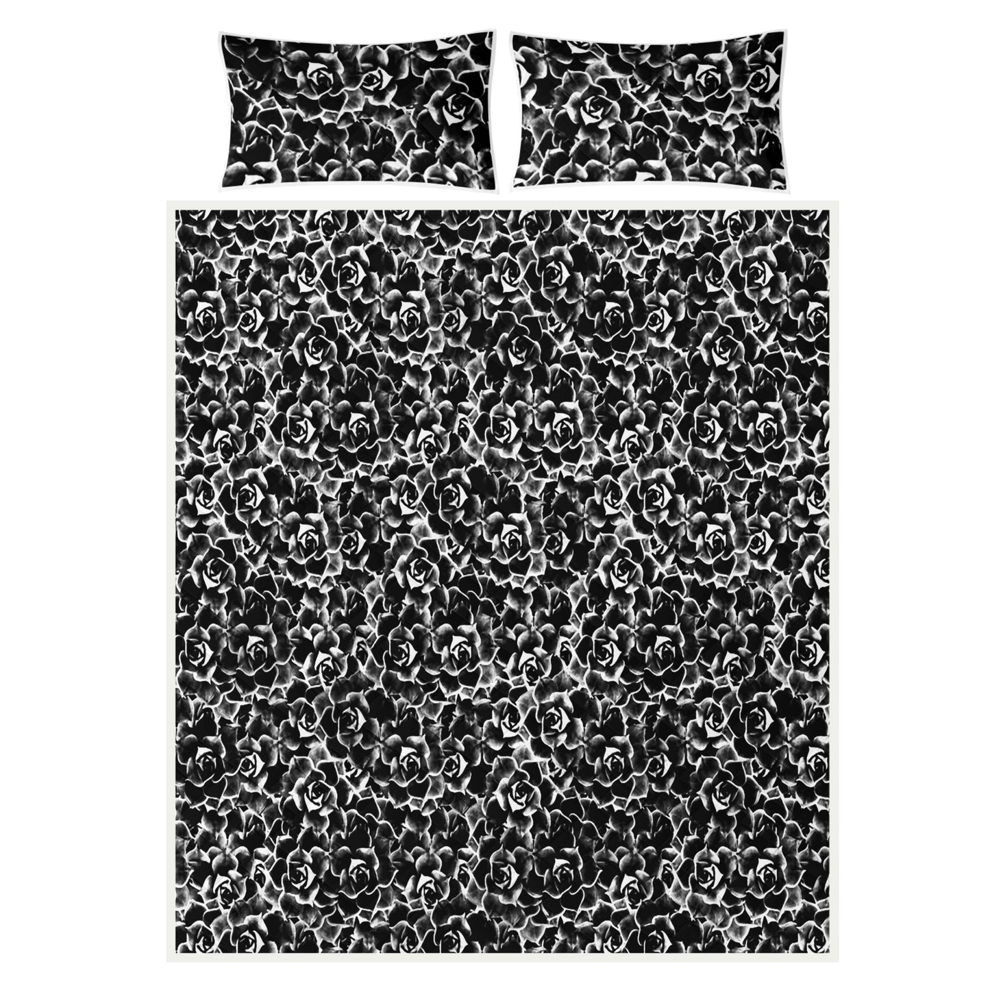 Quilt Bed Set - Dark Black and White Floral Pattern - Luxtrini, LLC