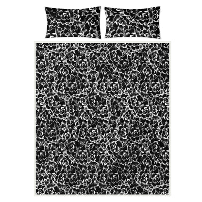 Quilt Bed Set - Dark Black and White Floral Pattern - Luxtrini, LLC