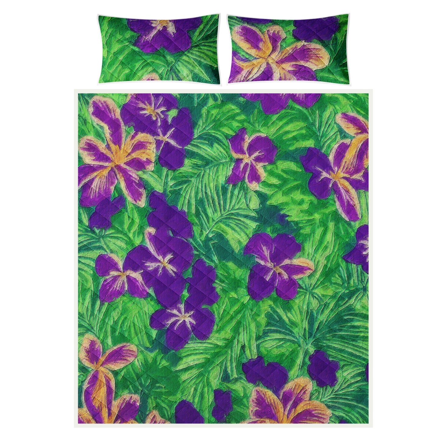 Blue Flag Iris on Green Quilt Bed Set - Luxtrini, LLC