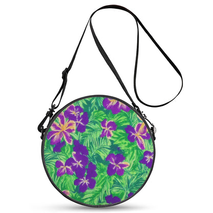 Blue Flag Iris on Green Round Satchel Bags - Luxtrini, LLC