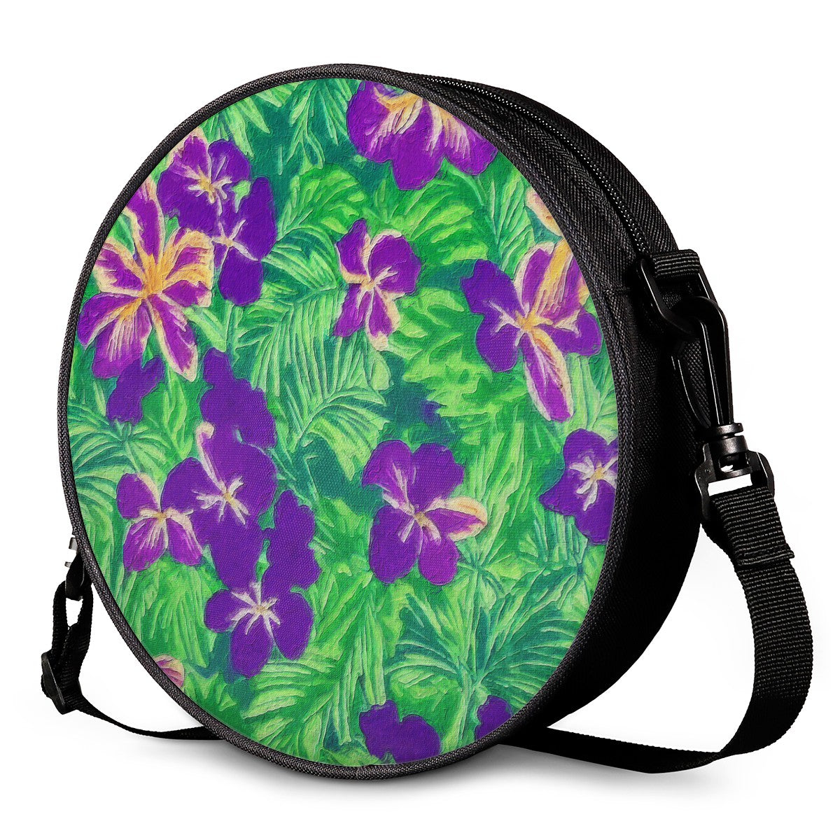 Blue Flag Iris on Green Round Satchel Bags - Luxtrini, LLC