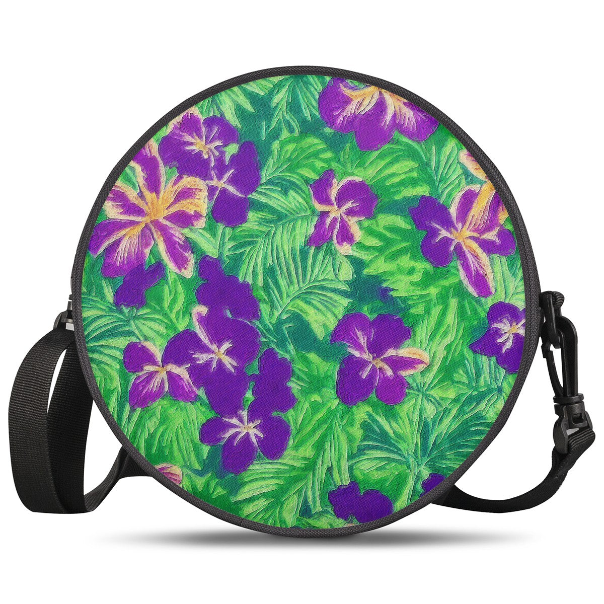 Blue Flag Iris on Green Round Satchel Bags - Luxtrini, LLC