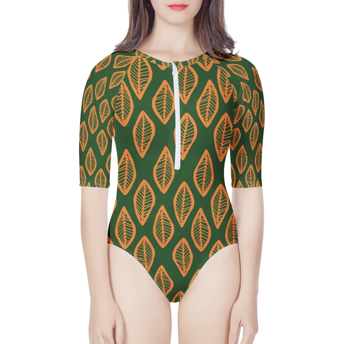 African Mud Cloth #16 Green and Orange Women's Long Sleeve One Piece Swimsuit