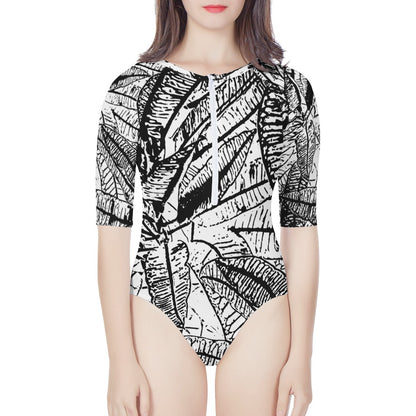 Black and White Croton Women's Long Sleeve One Piece Swimsuit