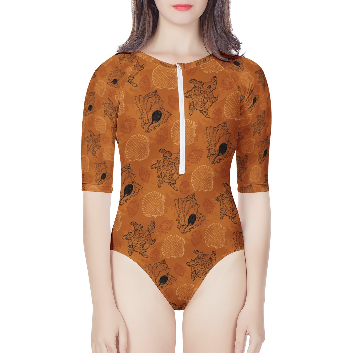 Sea Shell Ocean Design in Orange Women's Long Sleeve One Piece Swimsuit
