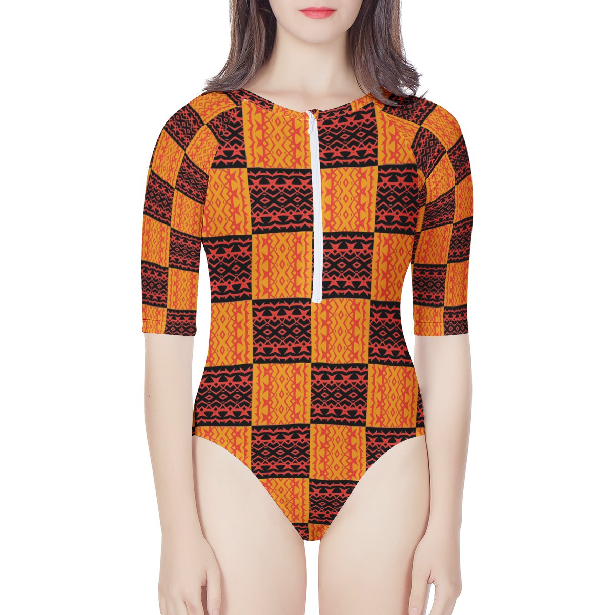 Black and Orange Tribal Design Women's Long Sleeve One Piece Swimsuit