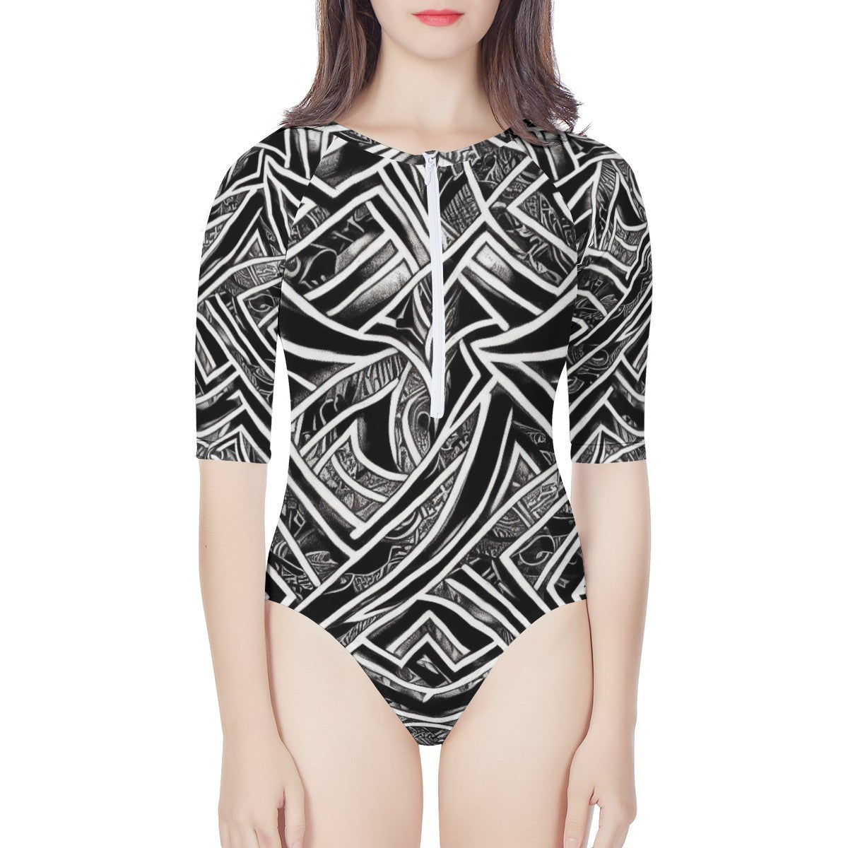 Black and White Polynesian Women's Long Sleeve One Piece Swimsuit