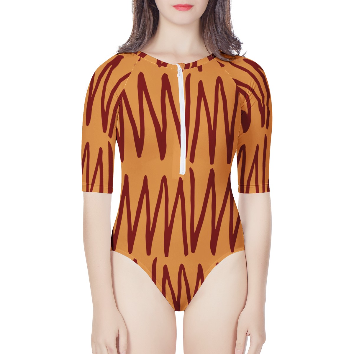 African Ethnic Mudcloth Orange Women's Long Sleeve One Piece Swimsuit