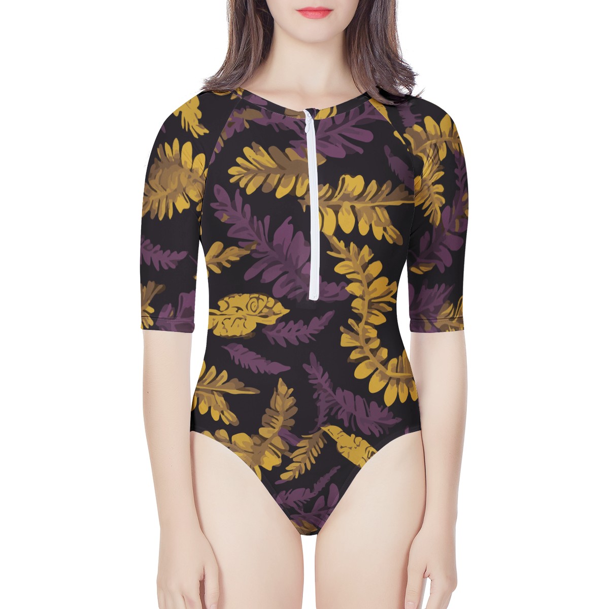 Lauae Purple and Yellow Women's Long Sleeve One Piece Swimsuit