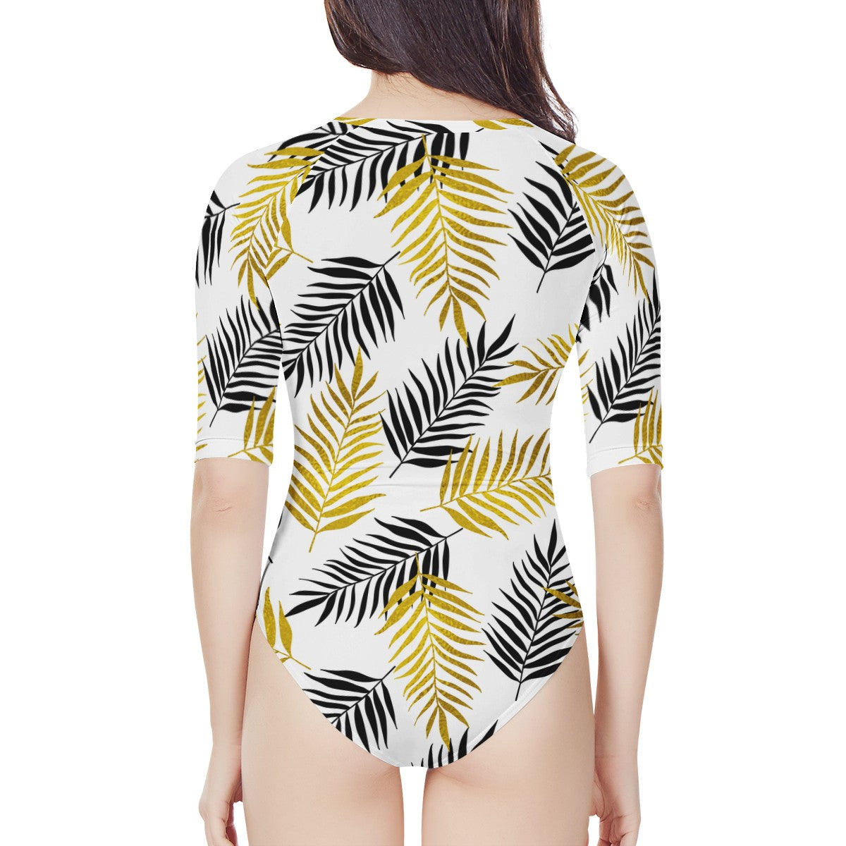 Black and Gold Palm Branches Women's Long Sleeve One Piece Swimsuit