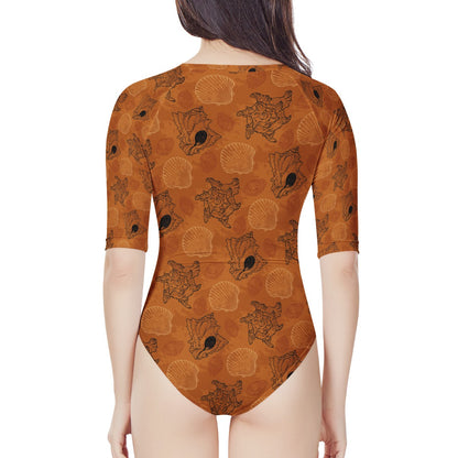 Sea Shell Ocean Design in Orange Women's Long Sleeve One Piece Swimsuit