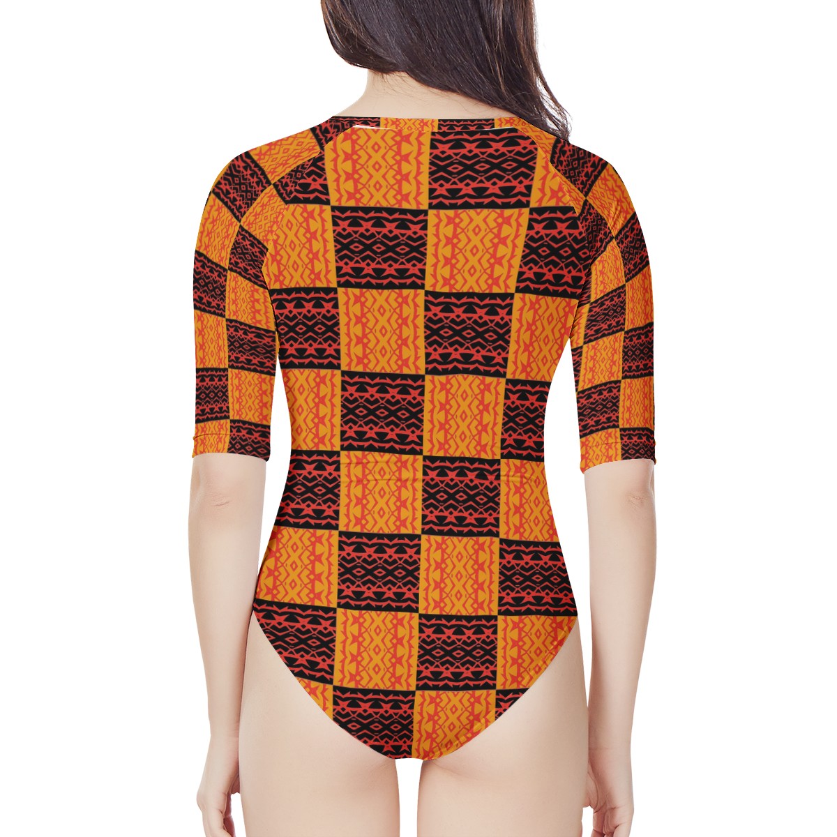 Black and Orange Tribal Design Women's Long Sleeve One Piece Swimsuit