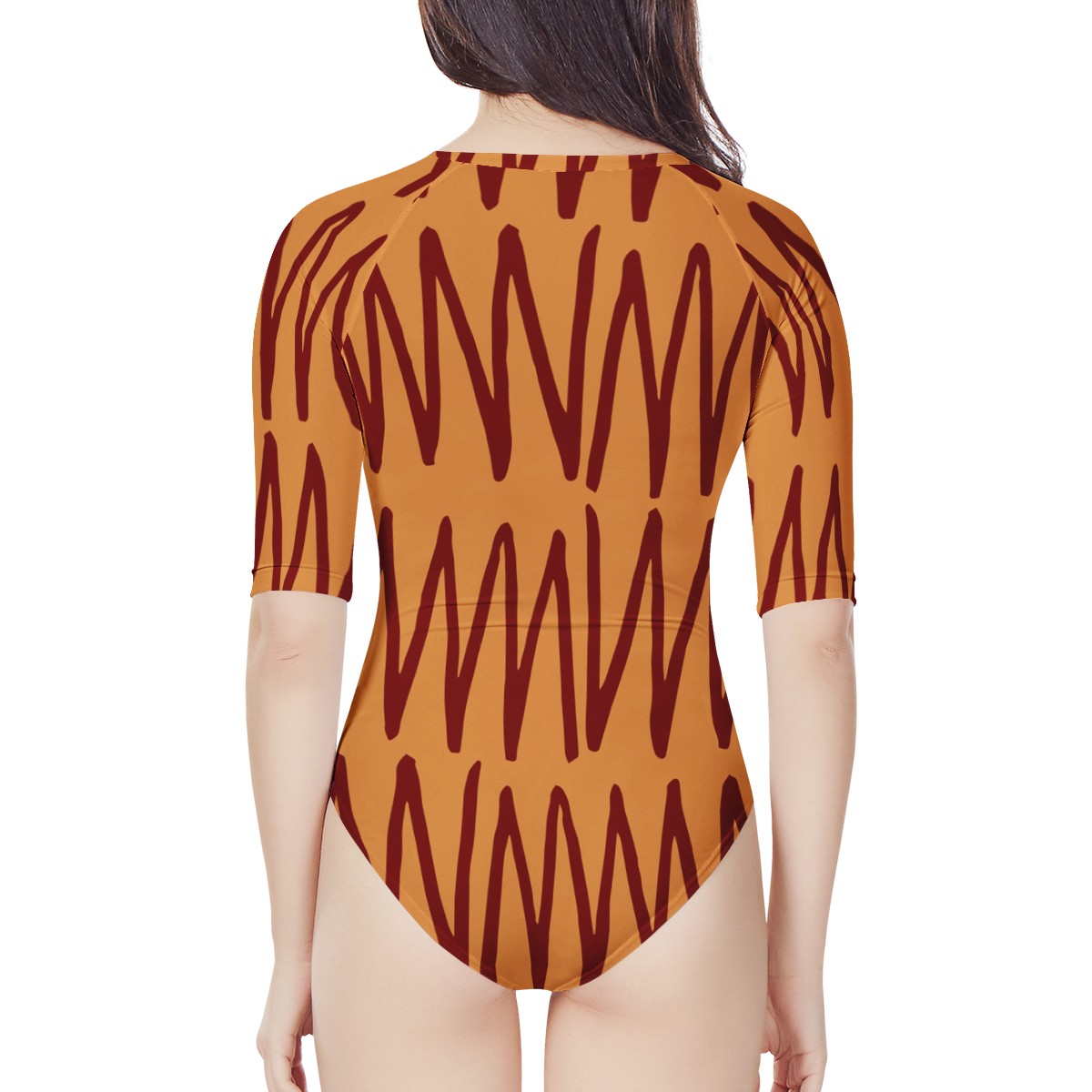 African Ethnic Mudcloth Orange Women's Long Sleeve One Piece Swimsuit