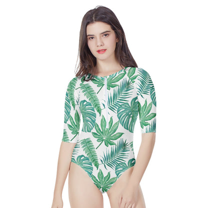 Palm and Monstera Leaf Green Pattern Women's Long Sleeve One Piece Swimsuit Women