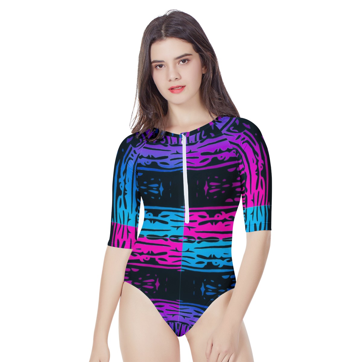 San Marcos Plaid Blue and Purple Women's Long Sleeve One Piece Swimsuit Women