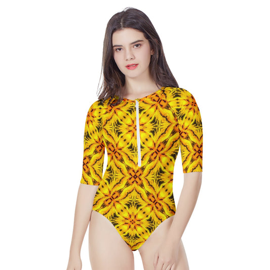 Yellow Toghu: traditional Cameroon Women's Long Sleeve One Piece Swimsuit